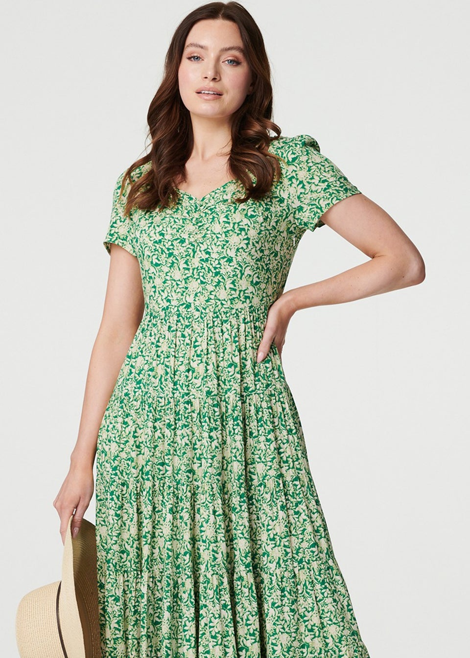 Izabel London Green Vintage Floral Pleated Midi Dress