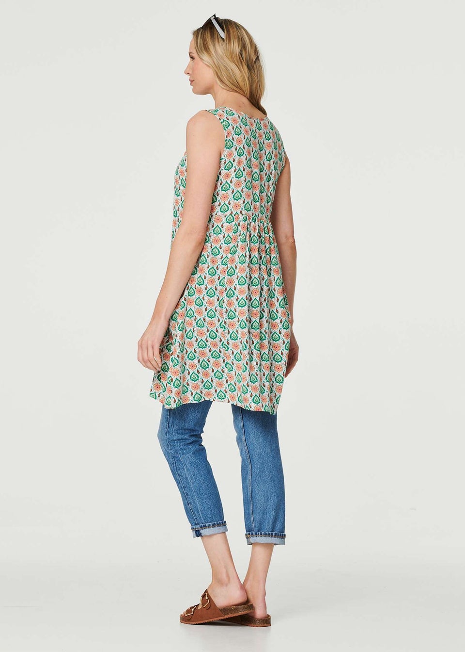 Izabel London Green Printed Sleeveless Sun Dress