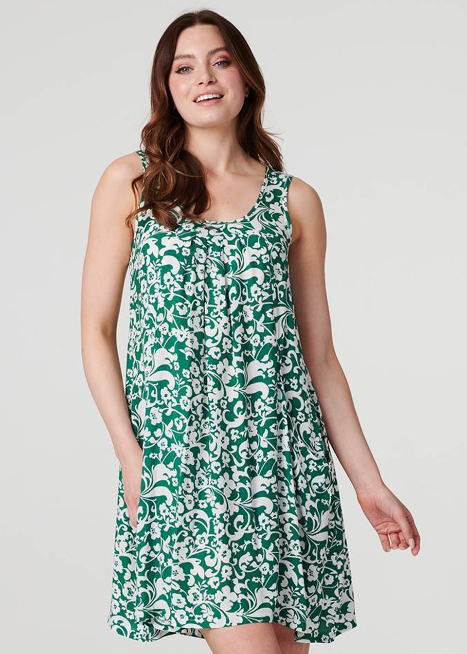 Izabel London Green Printed Sleeveless Swing Dress