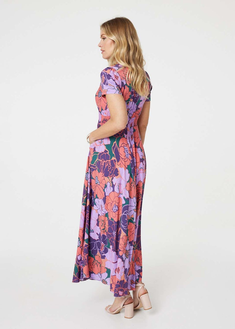 Izabel London Purple Floral Shirred V-Neck Maxi Dress
