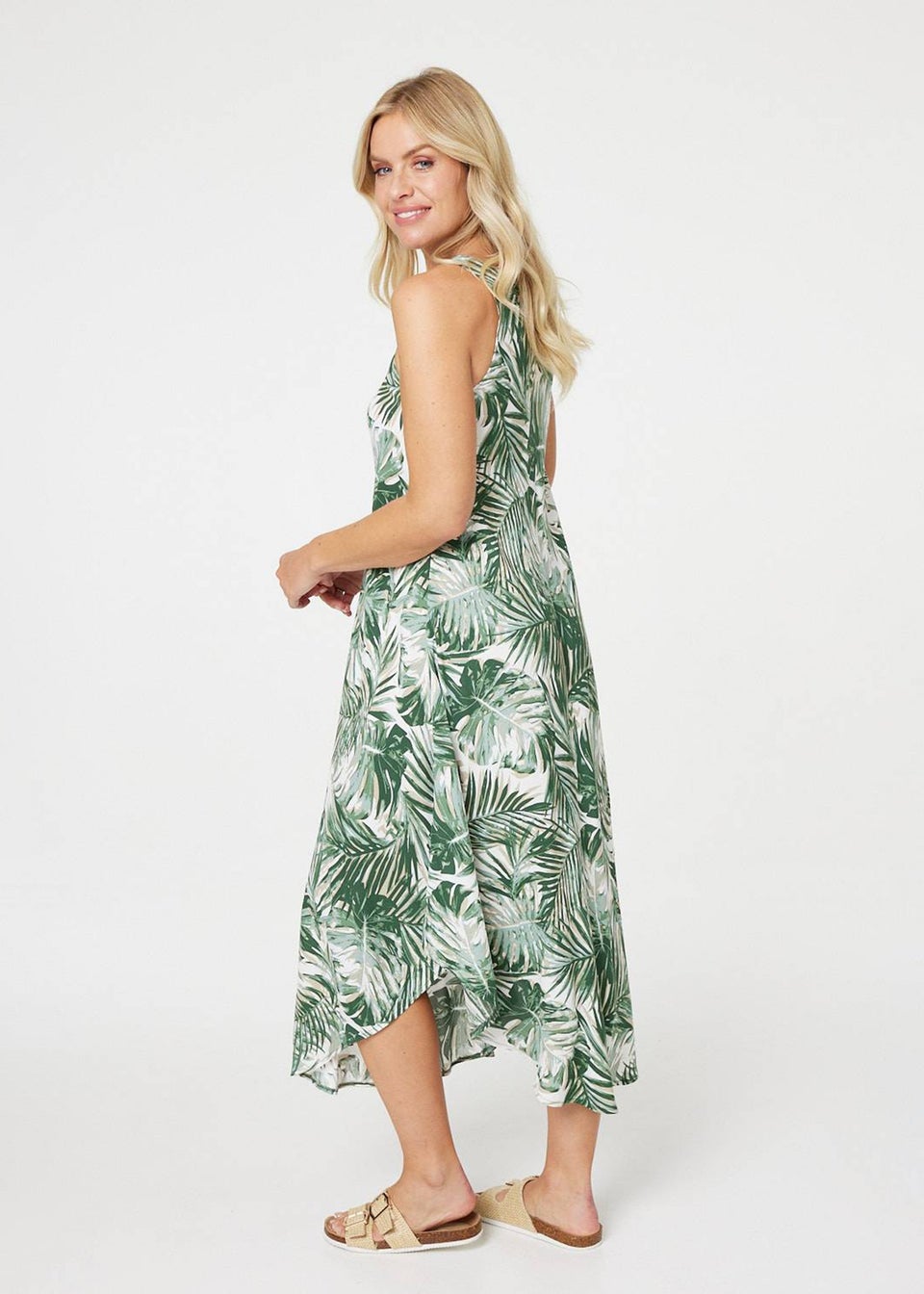 Izabel London Green Leaf Print Hanky Hem Midi Dress - Matalan