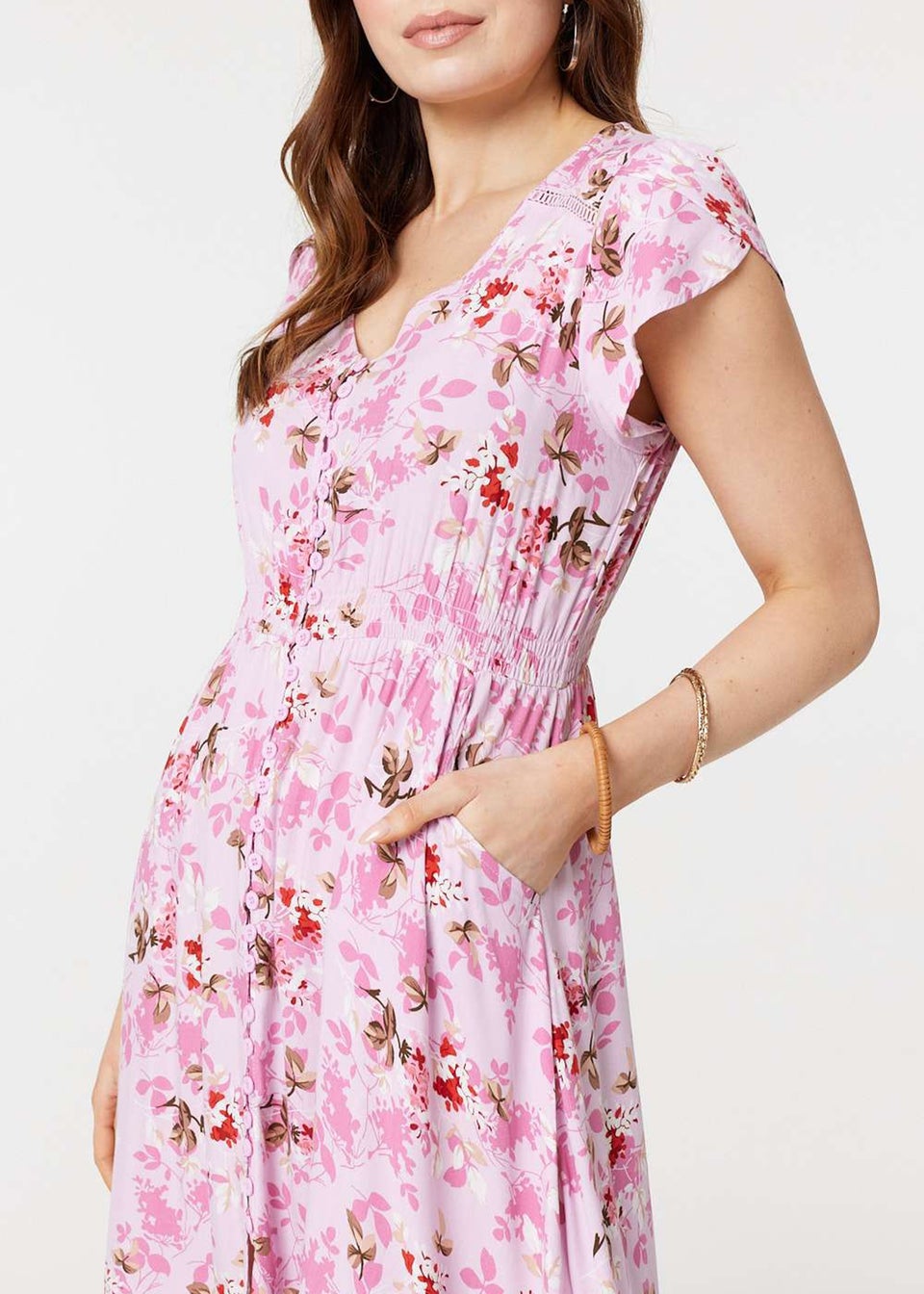 Izabel London Pink Floral Print Cap Sleeve Midi Dress