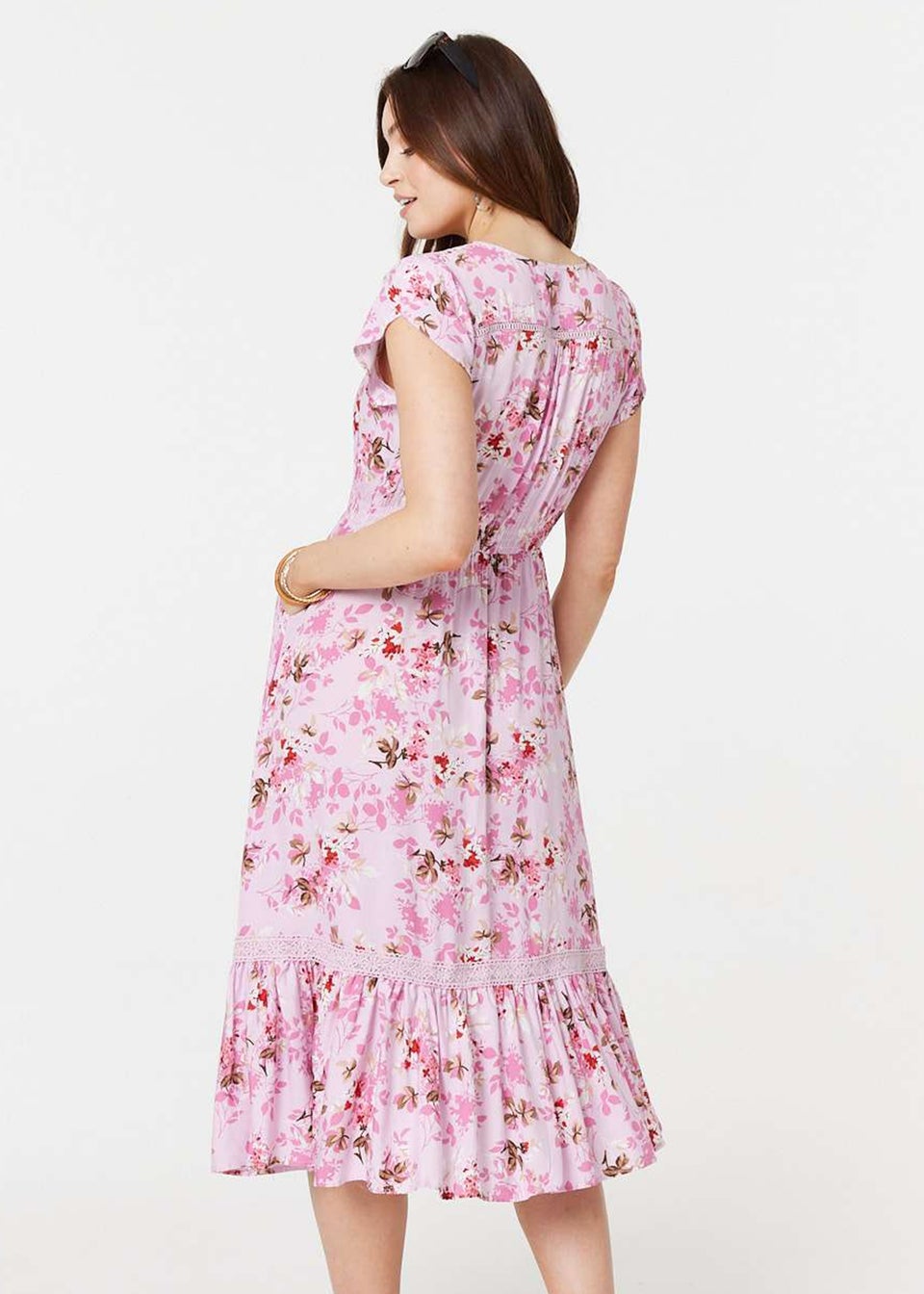 Izabel London Pink Floral Print Cap Sleeve Midi Dress