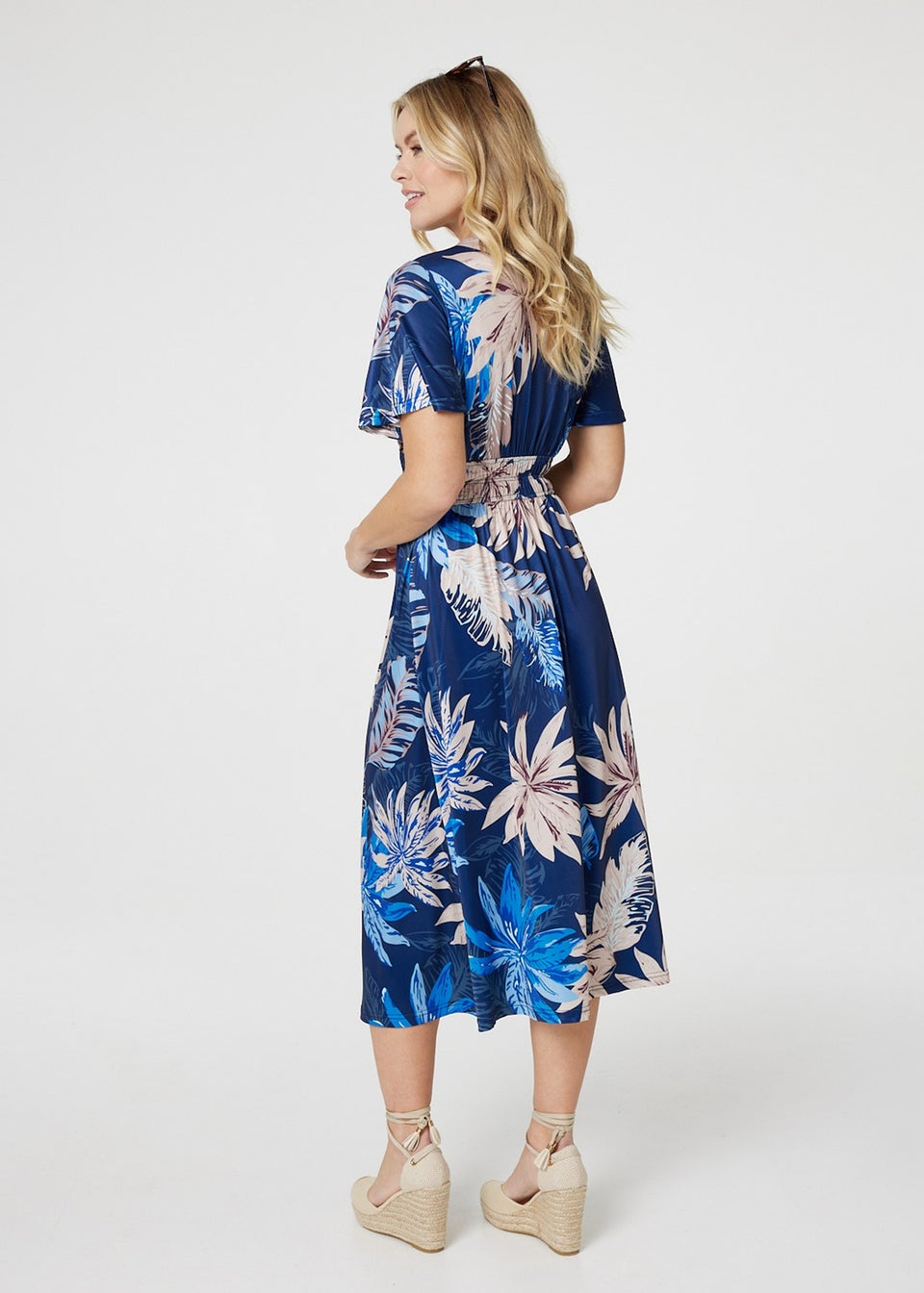 Izabel London Blue Leaf Print Empire Waist Midi Dress