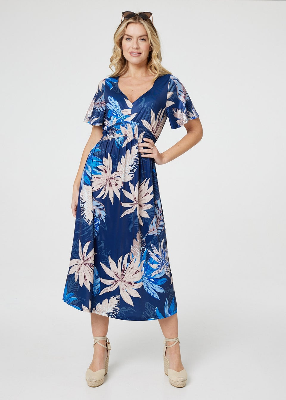 Izabel London Blue Leaf Print Empire Waist Midi Dress