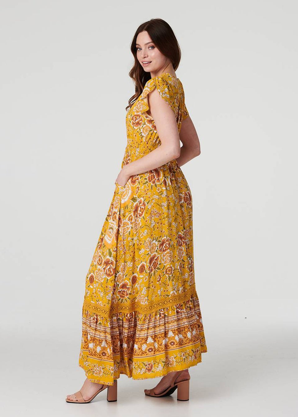 Izabel London Yellow Floral Lace Detail Maxi Dress