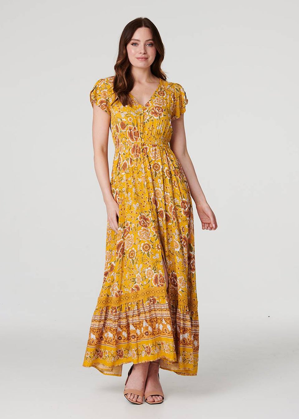 Izabel London Yellow Floral Lace Detail Maxi Dress