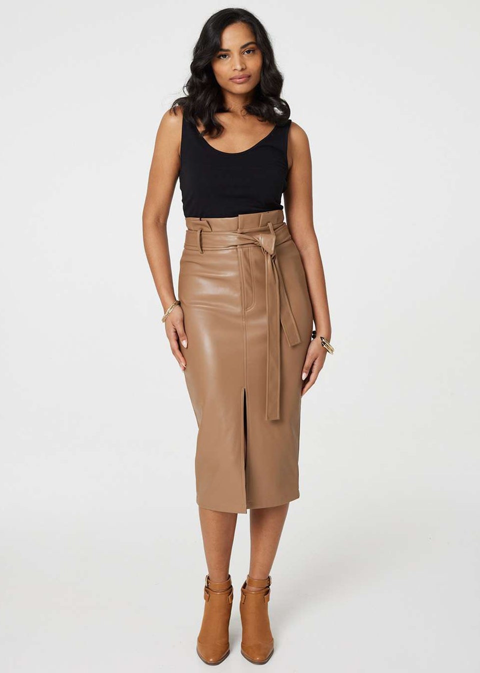 Izabel London Beige Faux Leather Tie Waist Pencil Skirt Matalan