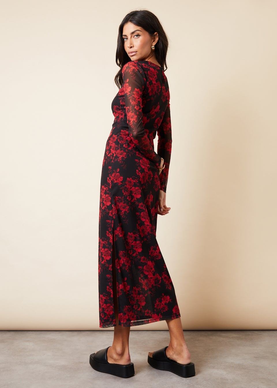 Threadbare Black Blooming Printed Long Sleeve Mesh Midi Dress