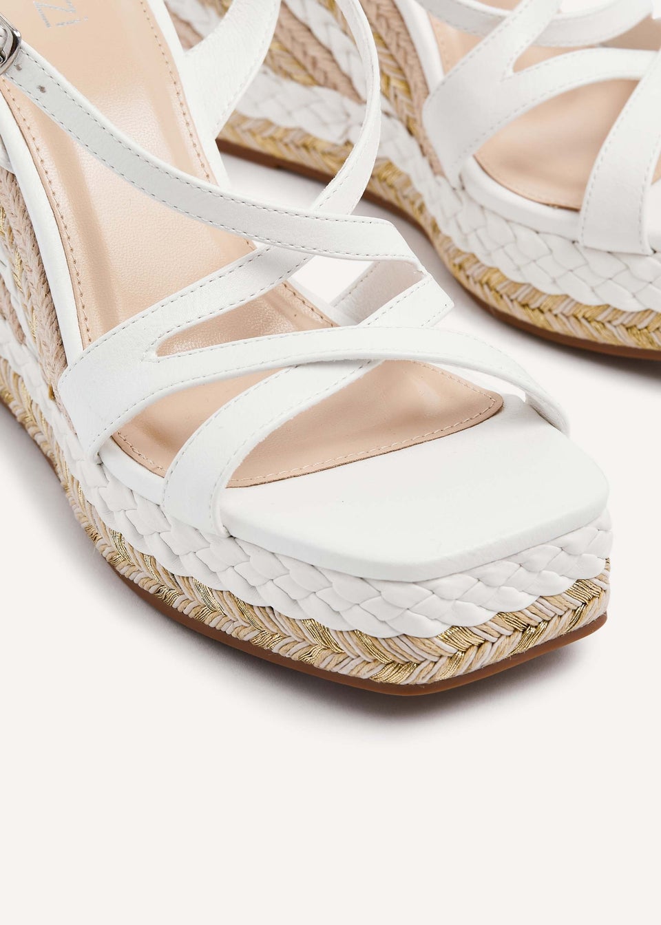 Linzi Marbella White Faux Leather Crossover Metallic Rope Wedge