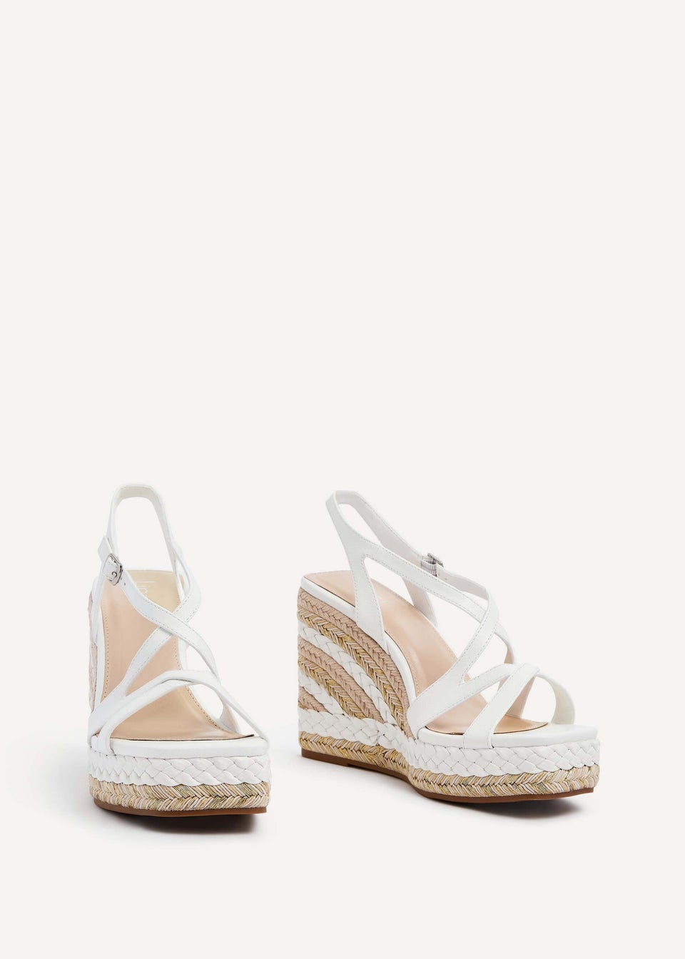 Linzi Marbella White Faux Leather Crossover Metallic Rope Wedge