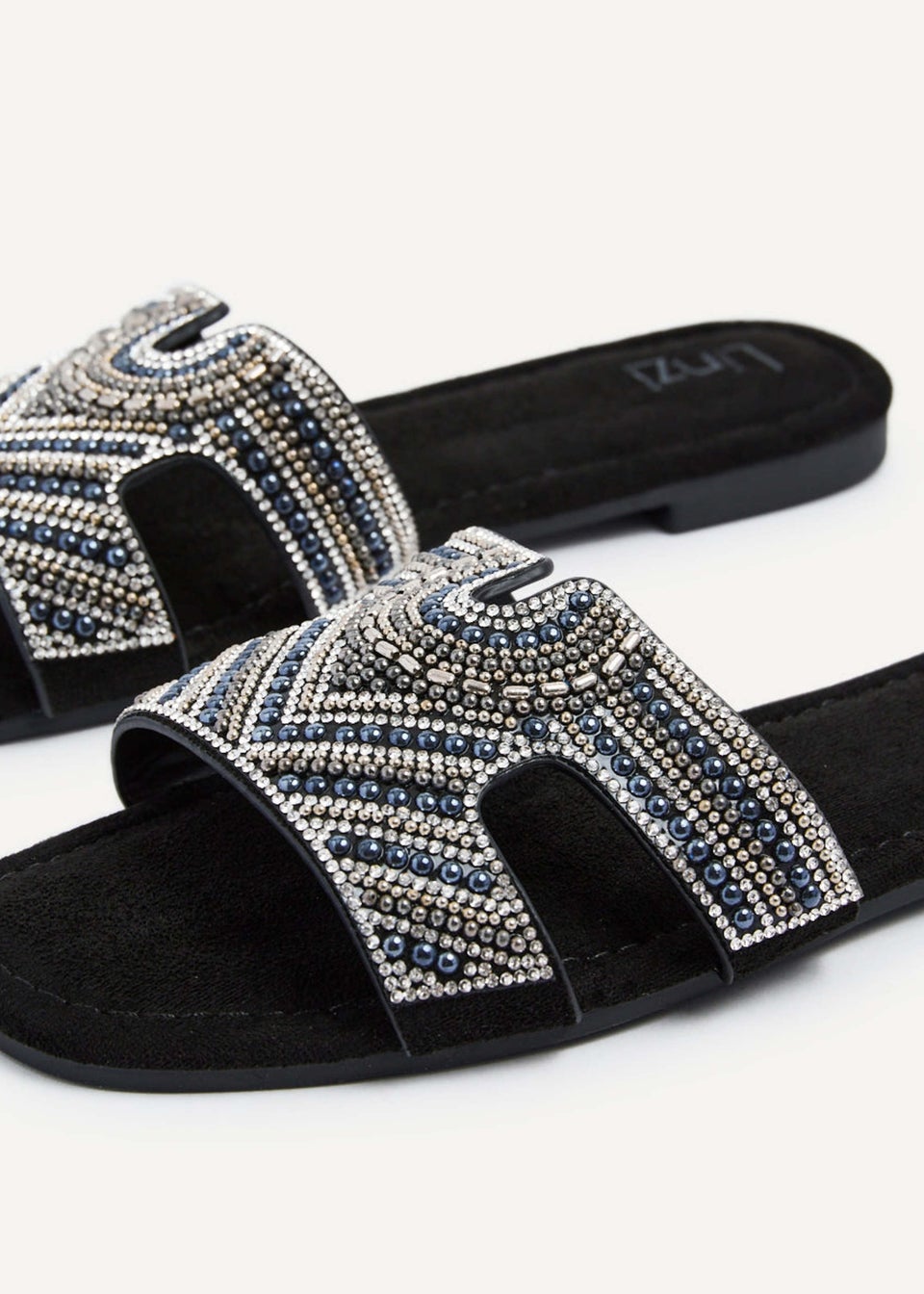 Linzi Indira Black Suede Aztec Design Embellished Slider Sandal