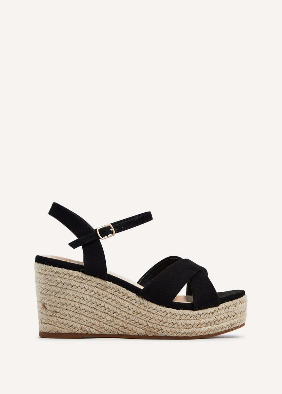 Linzi Vision Black Faux Suede Crossover Rope Detail Wedge