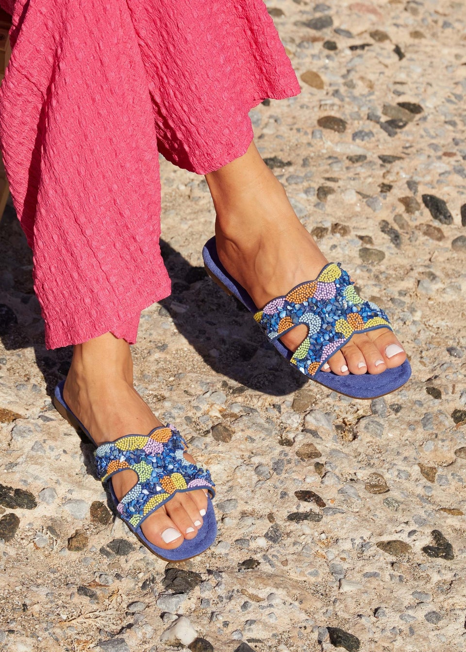 Linzi Zahara Cobalt Blue Faux Suede Embellished Slider Sandal