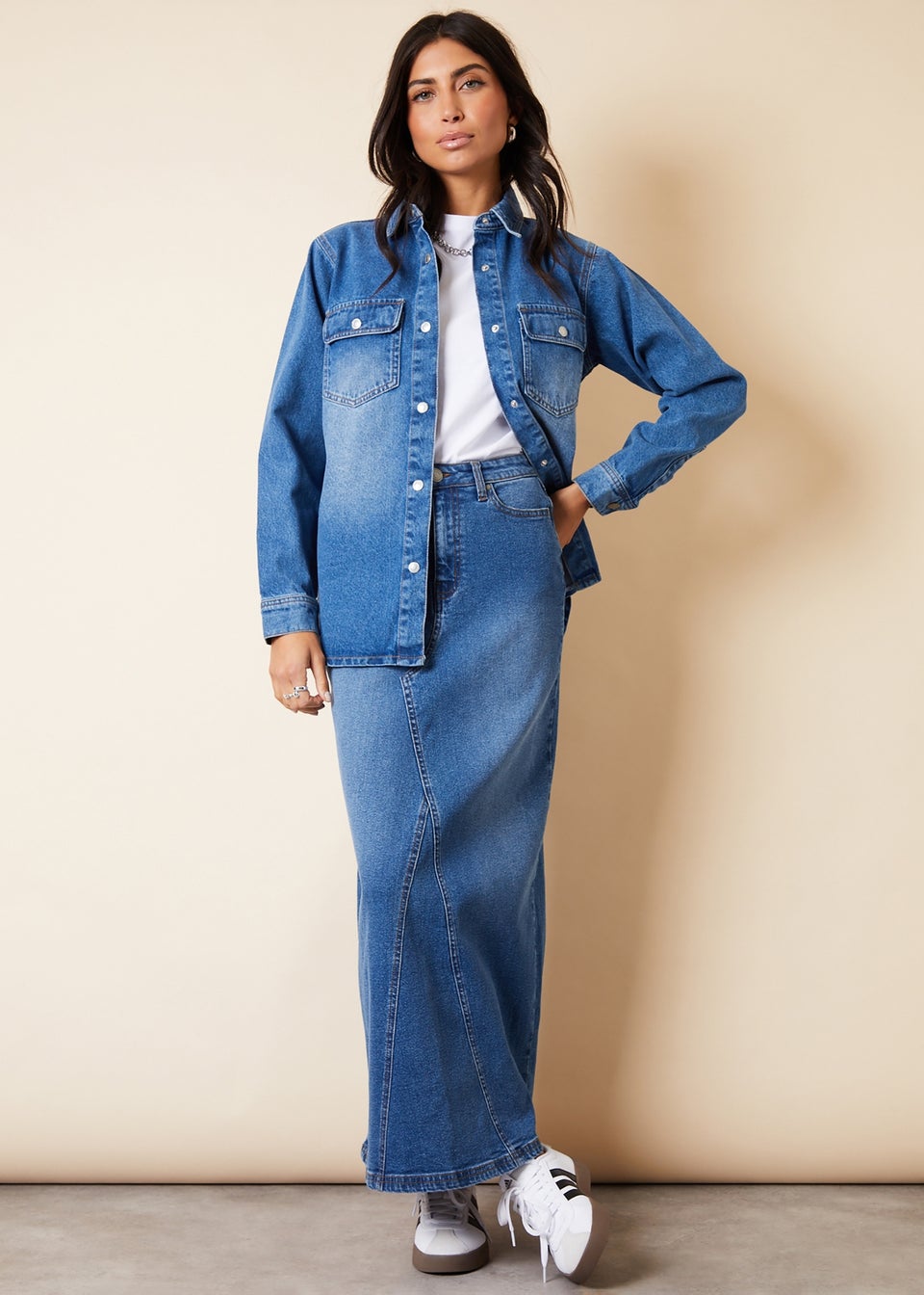 Threadbare Blue Heidi Split Back Fishtail Denim Maxi Skirt