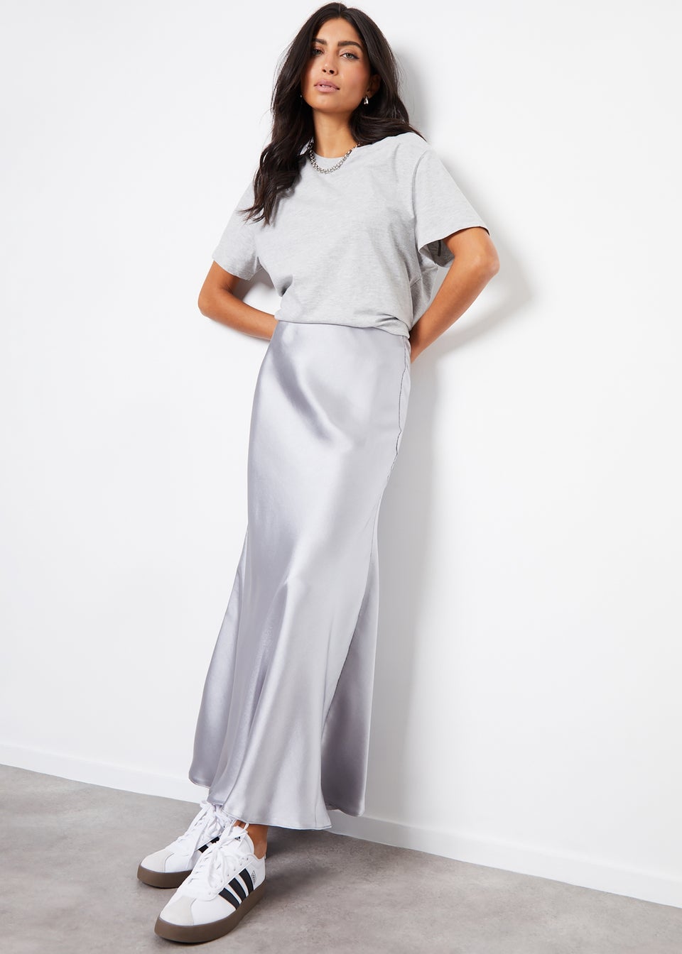 Threadbare Silver Ariel Satin Maxi Slip Skirt