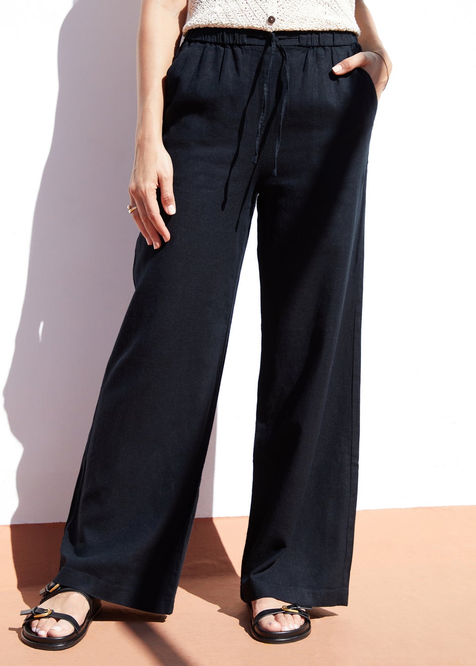 Threadbare Black Linen Blend Lake Wide Leg Trousers