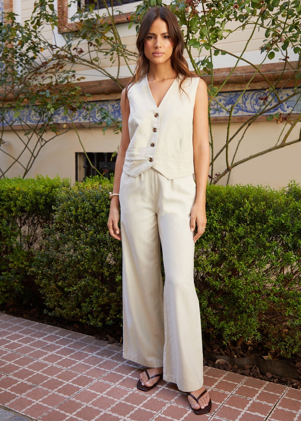 Threadbare Stone Linen Blend Lake Wide Leg Trousers