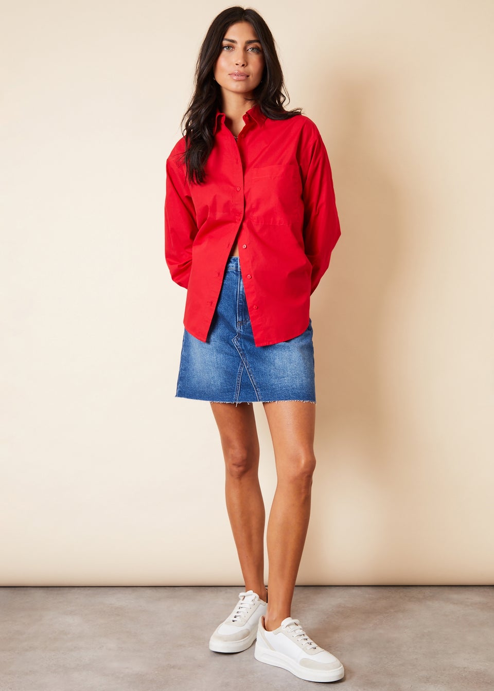 Threadbare Red Basic Cotton Roseatte Loose Fit Long Sleeve Shirt