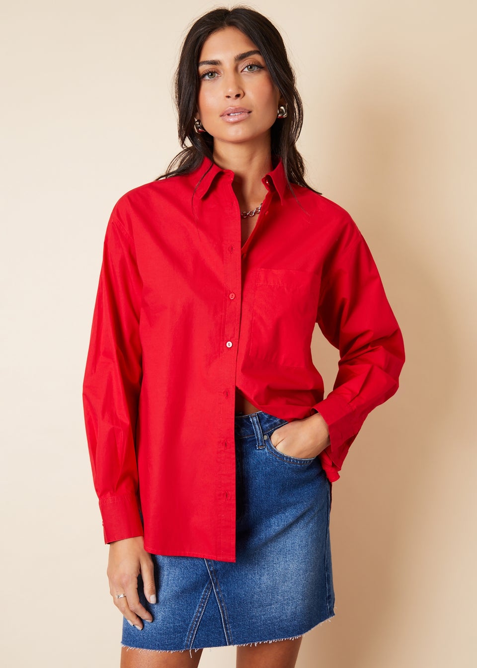 Threadbare Red Basic Cotton Roseatte Loose Fit Long Sleeve Shirt
