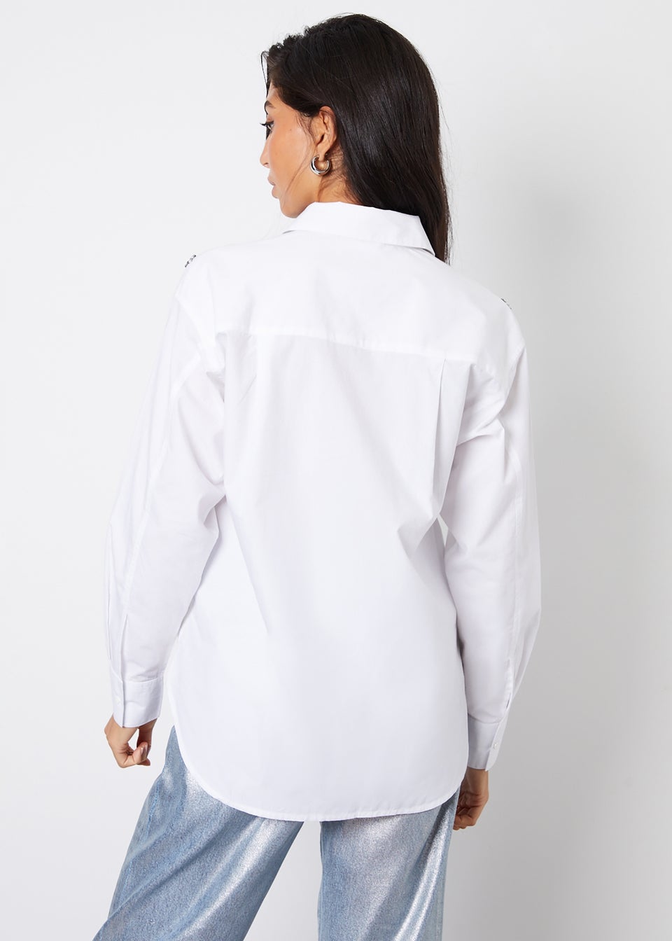 Threadbare White Cotton Embie Embellished Loose Fit Long Sleeve Shirt