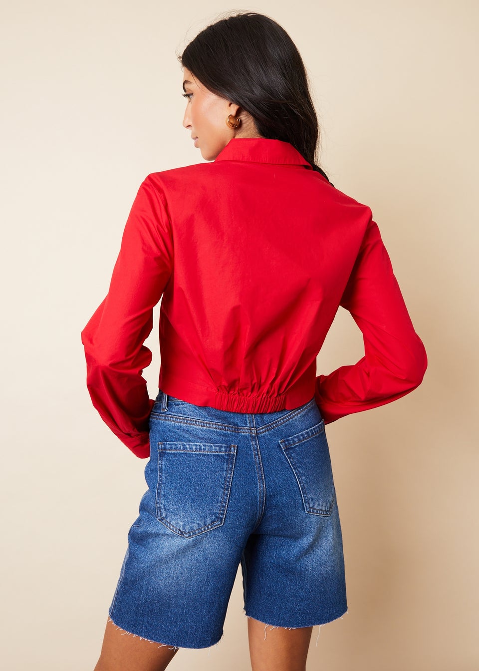 Threadbare Red Aero Cropped Elasticated Hem Boxy Long Sleeve Shirt