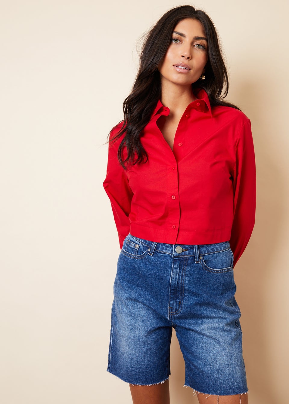 Threadbare Red Aero Cropped Elasticated Hem Boxy Long Sleeve Shirt