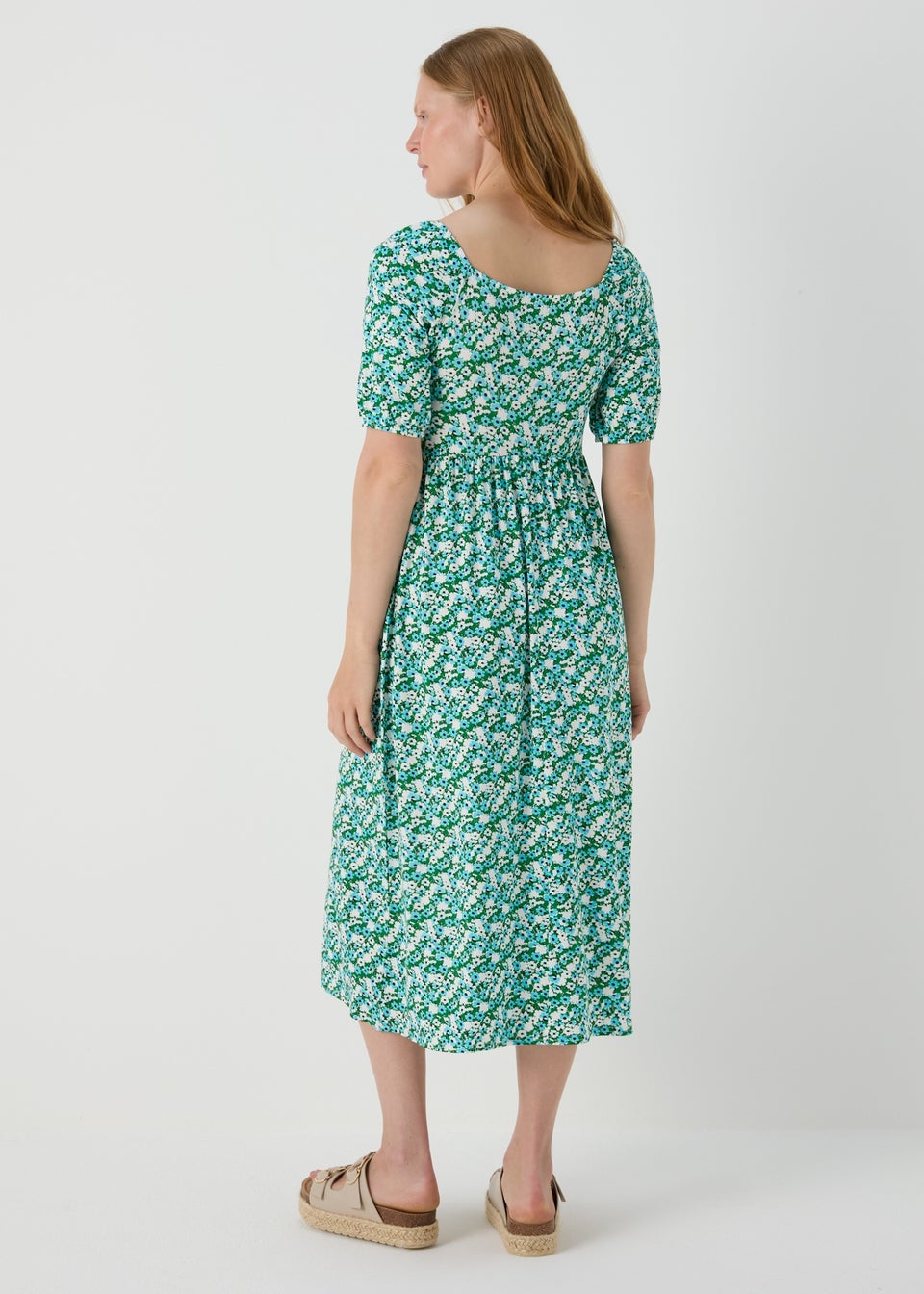 Green Floral Swing Midi Dress