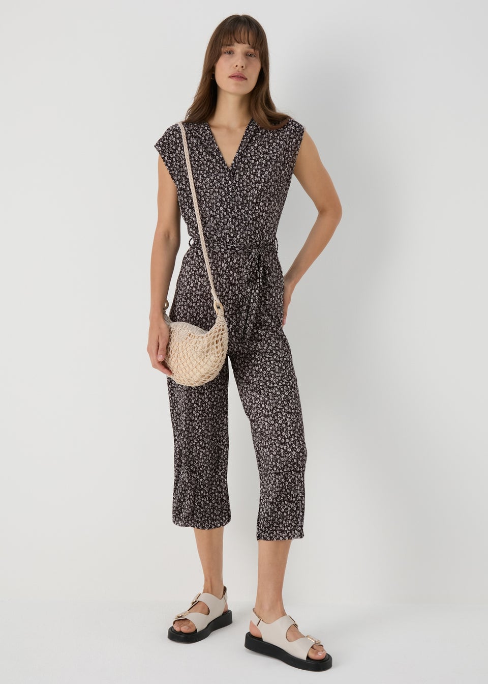 Black Daisy Print Plisse Jumpsuit Matalan