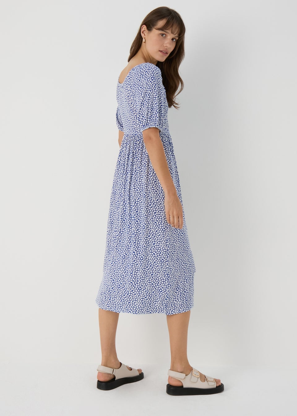 Navy Floral Square Neck Shirred Midi Dress - Matalan