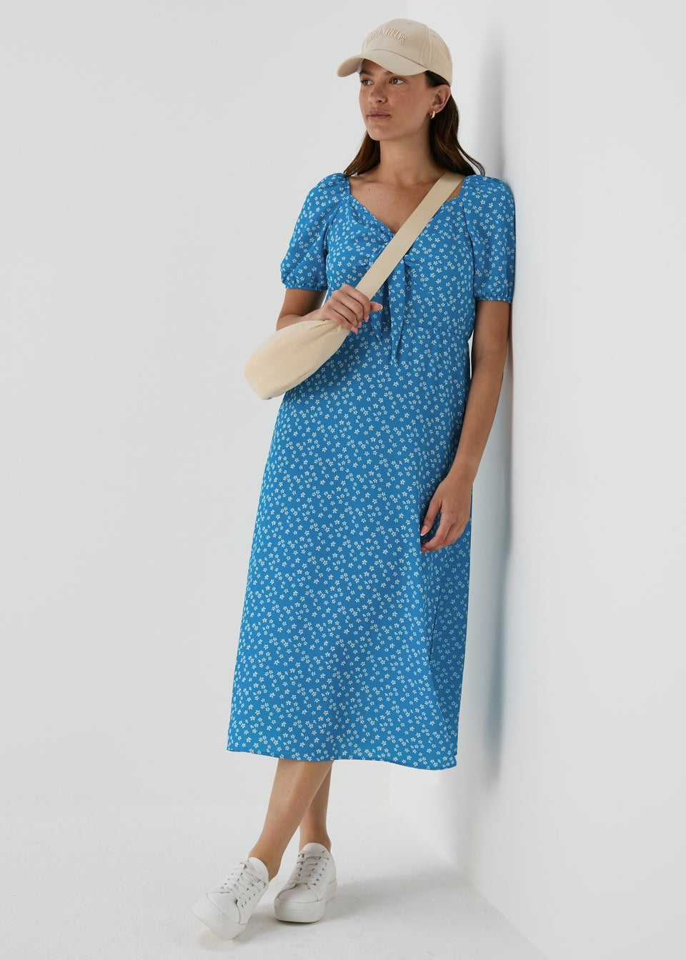 Blue Floral Tie Front Midi Dress