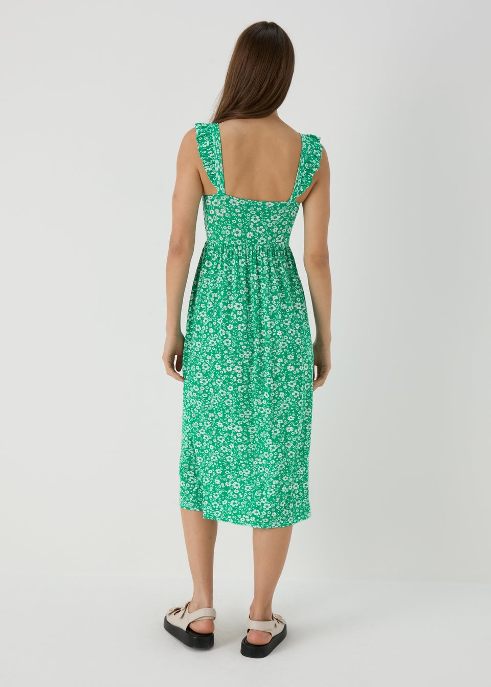 Green Ruffle Strap Shirred Dress
