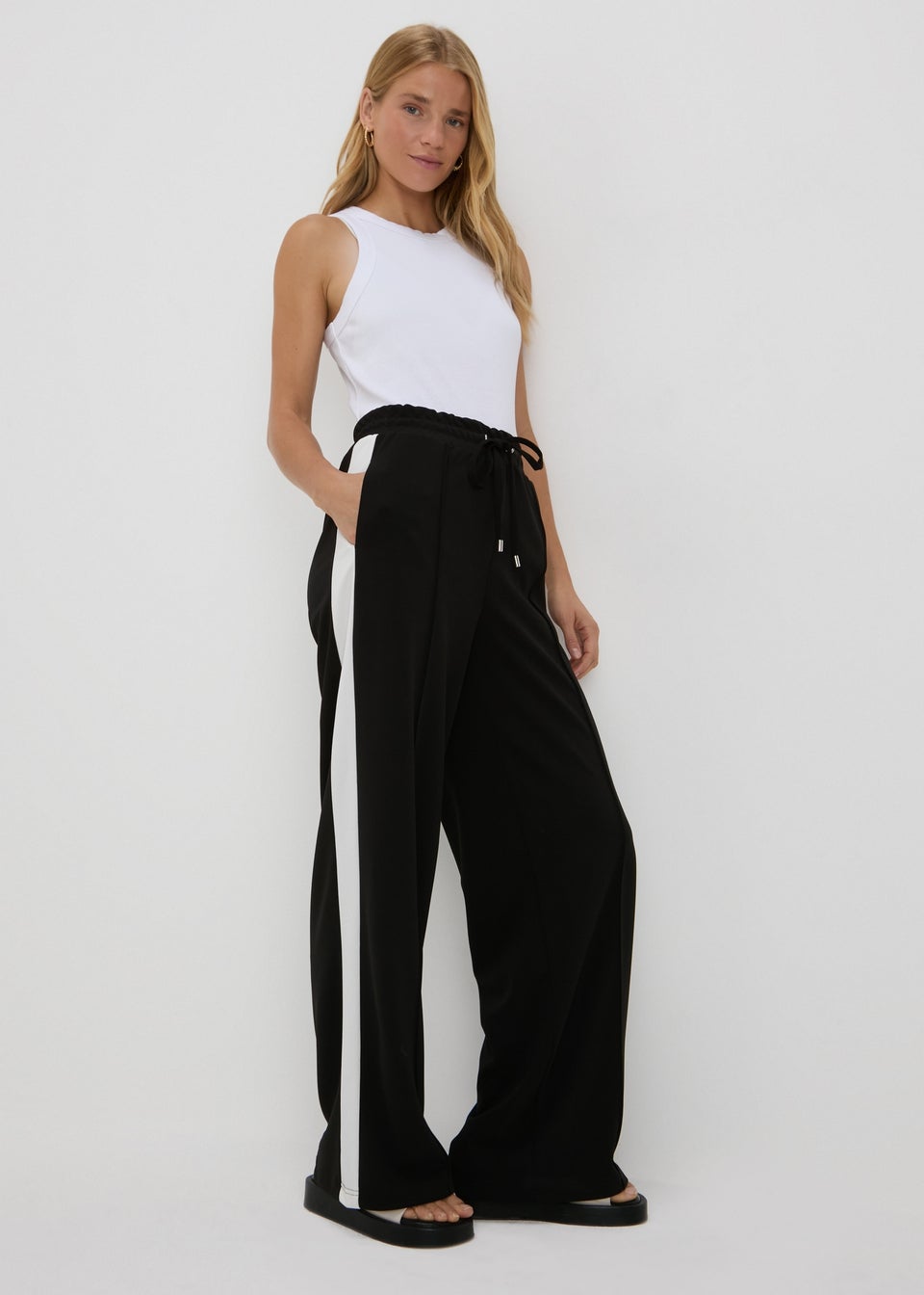 Black Side Stripe Wide Leg Tapered Trousers