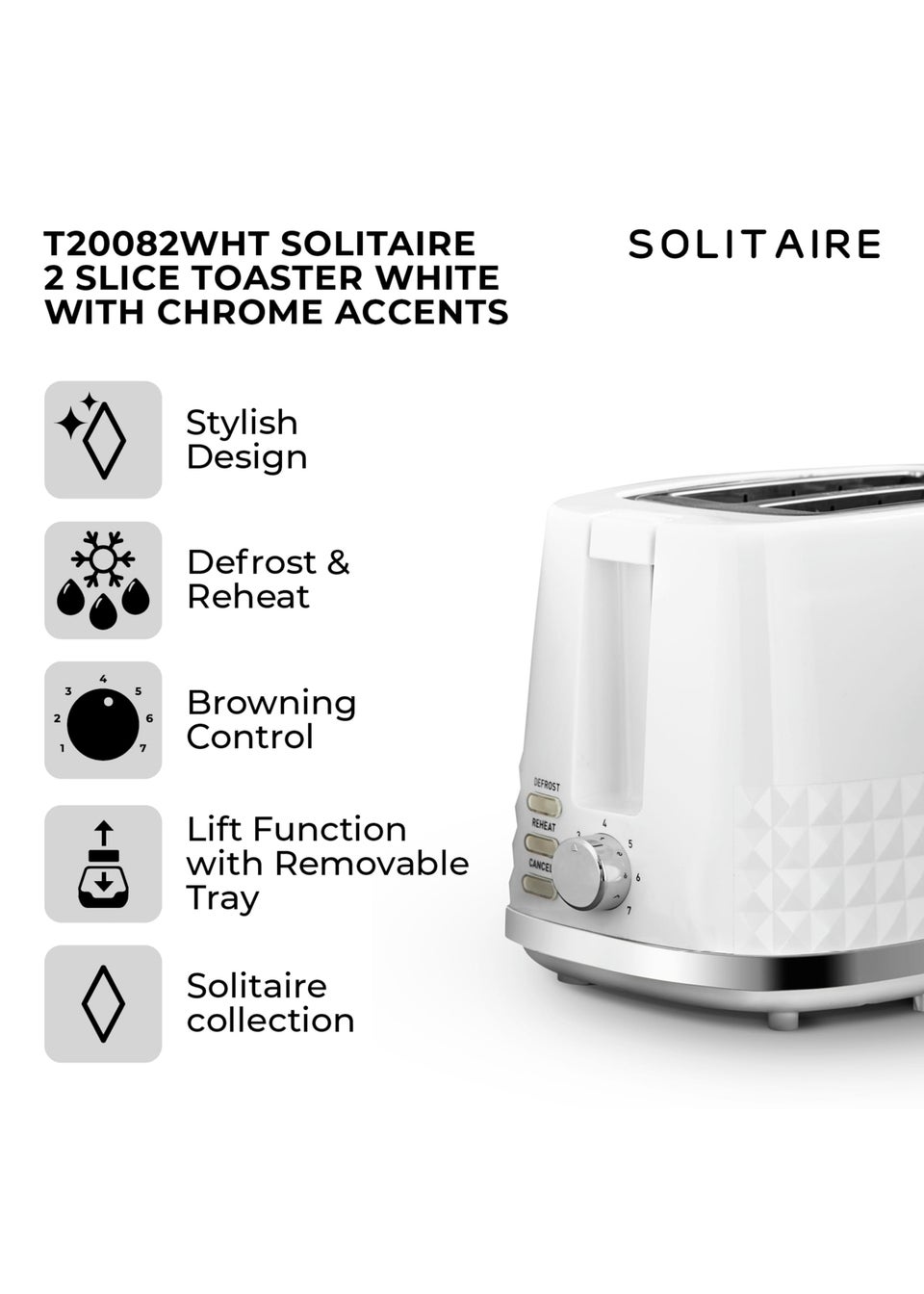 Tower Solitaire White 2 Slice Toaster