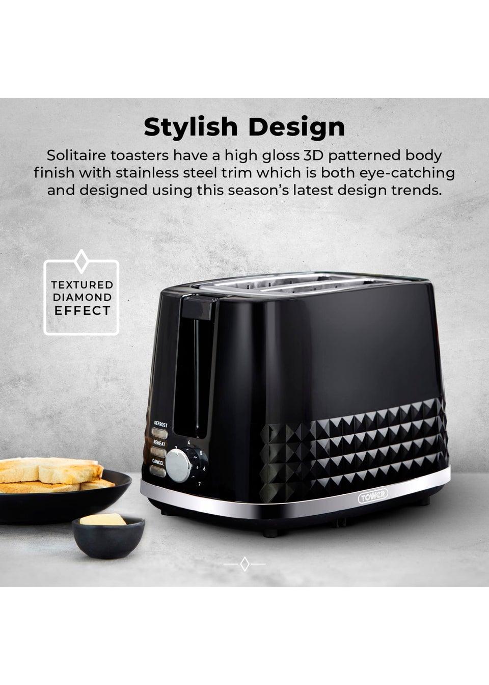 Tower Solitaire Black 2 Slice Toaster