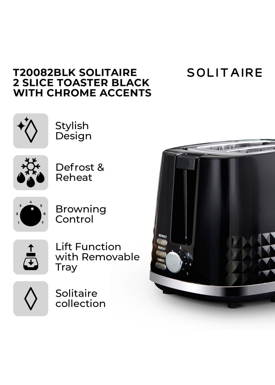 Tower Solitaire Black 2 Slice Toaster