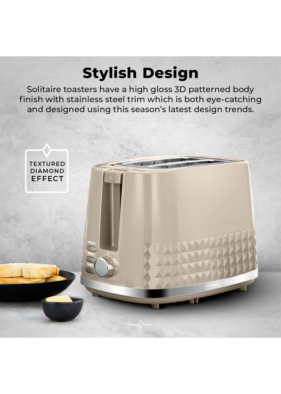 Tower Solitaire 2 Slice Toaster Grey Chrome Accents