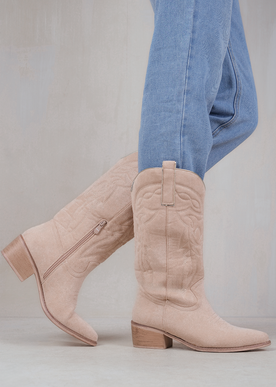 Where's That From Beige Suede Desert Cowboy Boots With Embroidery
