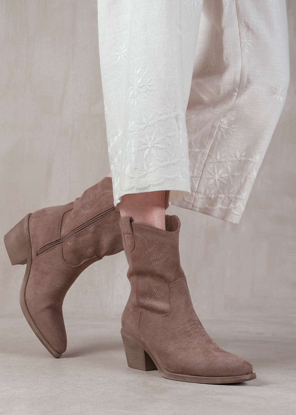 Where's That From Beige Suede Rodeo Cowboy Boots With Embroidery