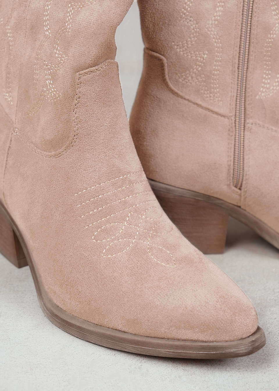 Where's That From Cream Suede Rodeo Cowboy Boots With Embroidery