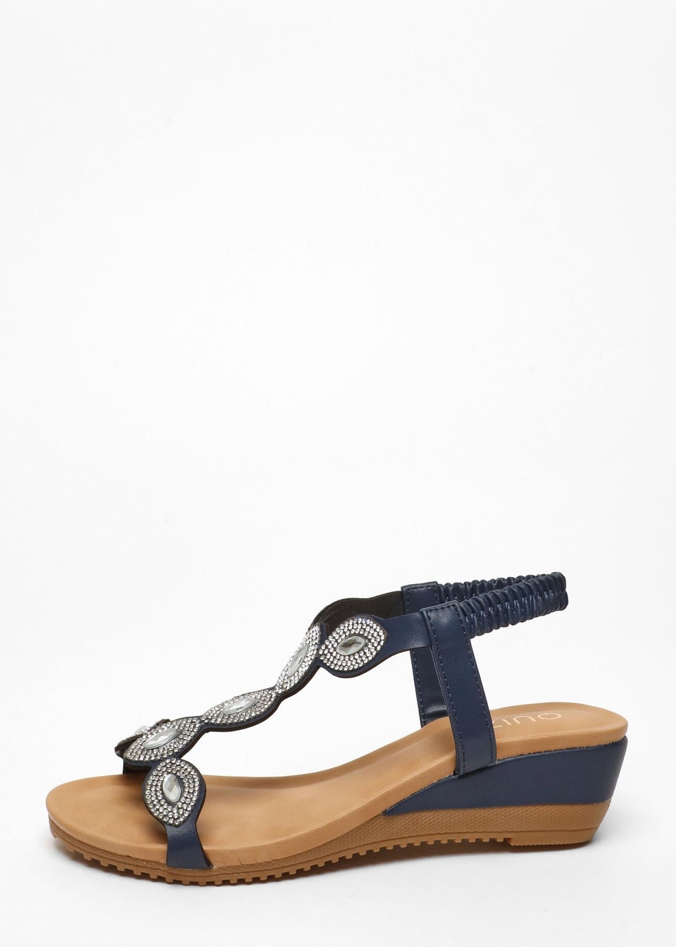 Quiz Navy Embellished T-Strap Low Wedges