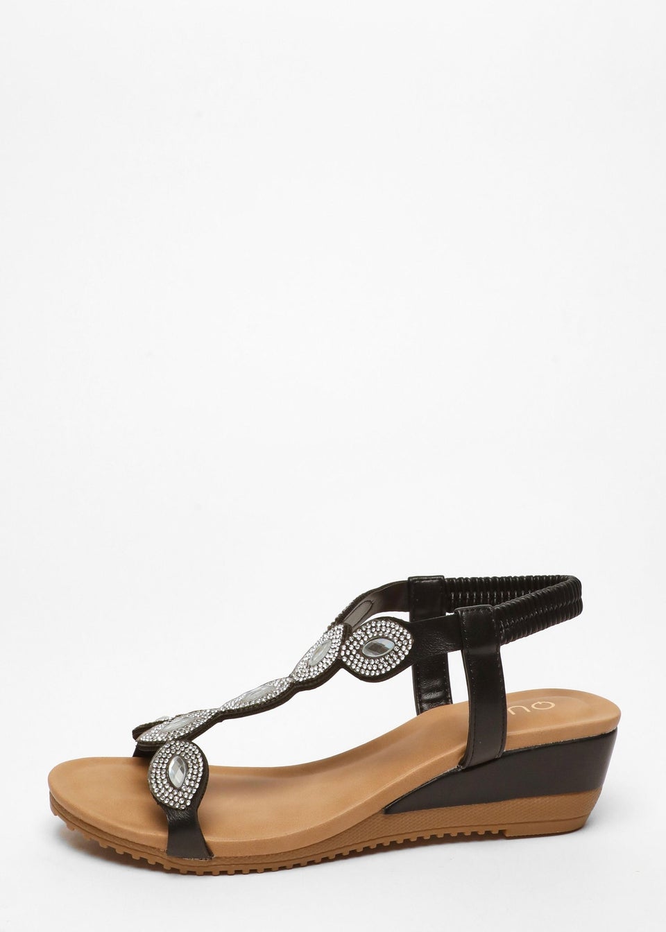 Quiz Black Embellished T-Strap Low Wedges