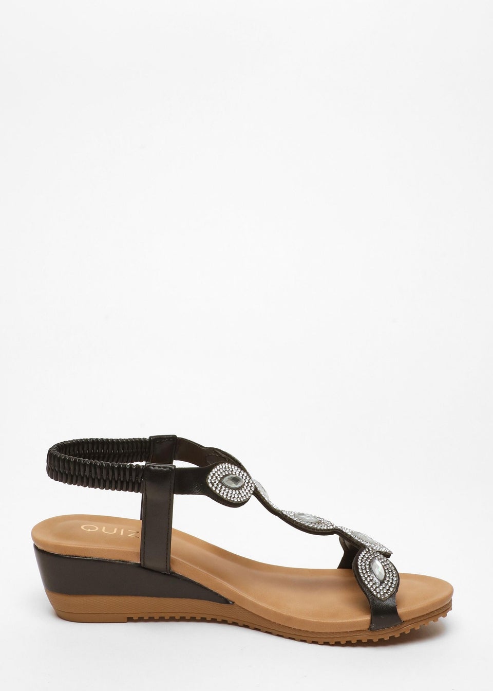 Quiz Black Embellished T-Strap Low Wedges