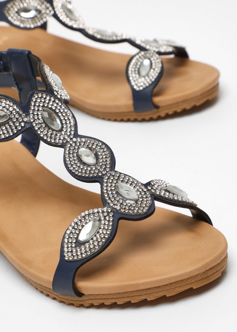 Quiz Navy Embellished T-Strap Low Wedges