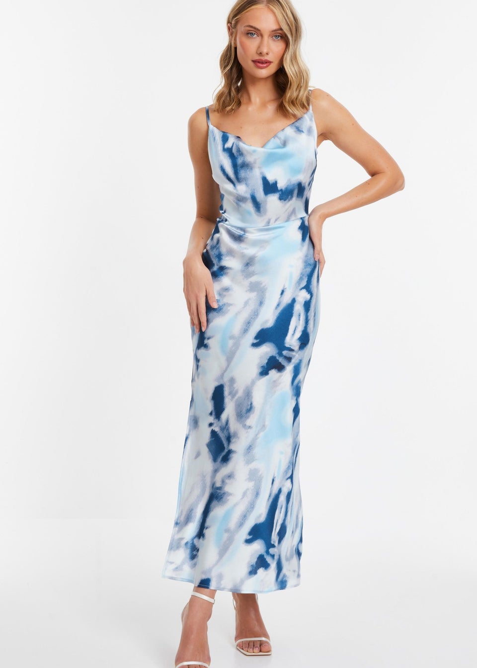 Quiz Blue Satin Marble Print Midi Dress Matalan