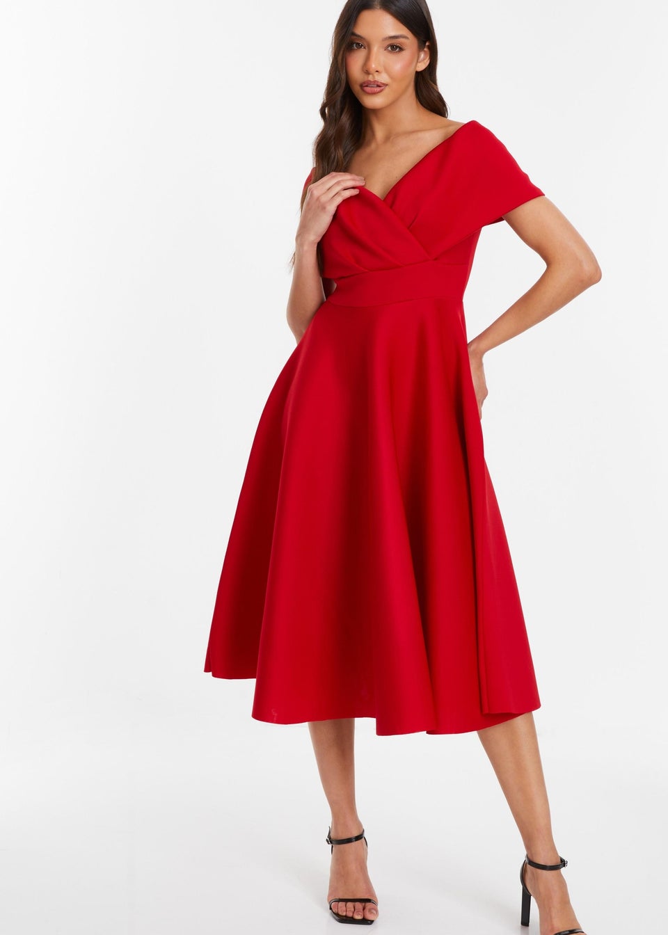 Quiz Red Bardot Skater Midi Dress - Matalan