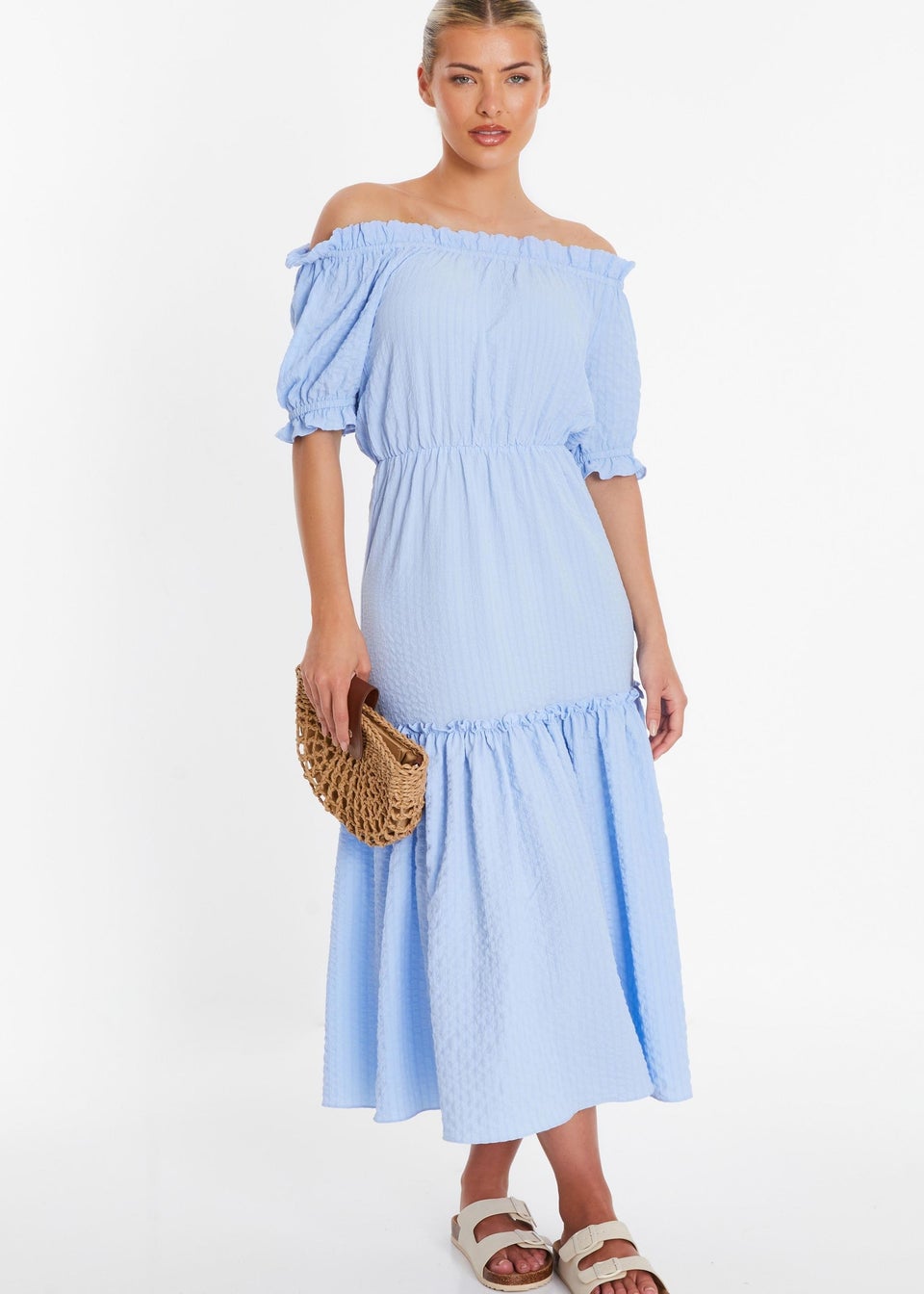 Quiz Blue Textured Bardot Midi Dress