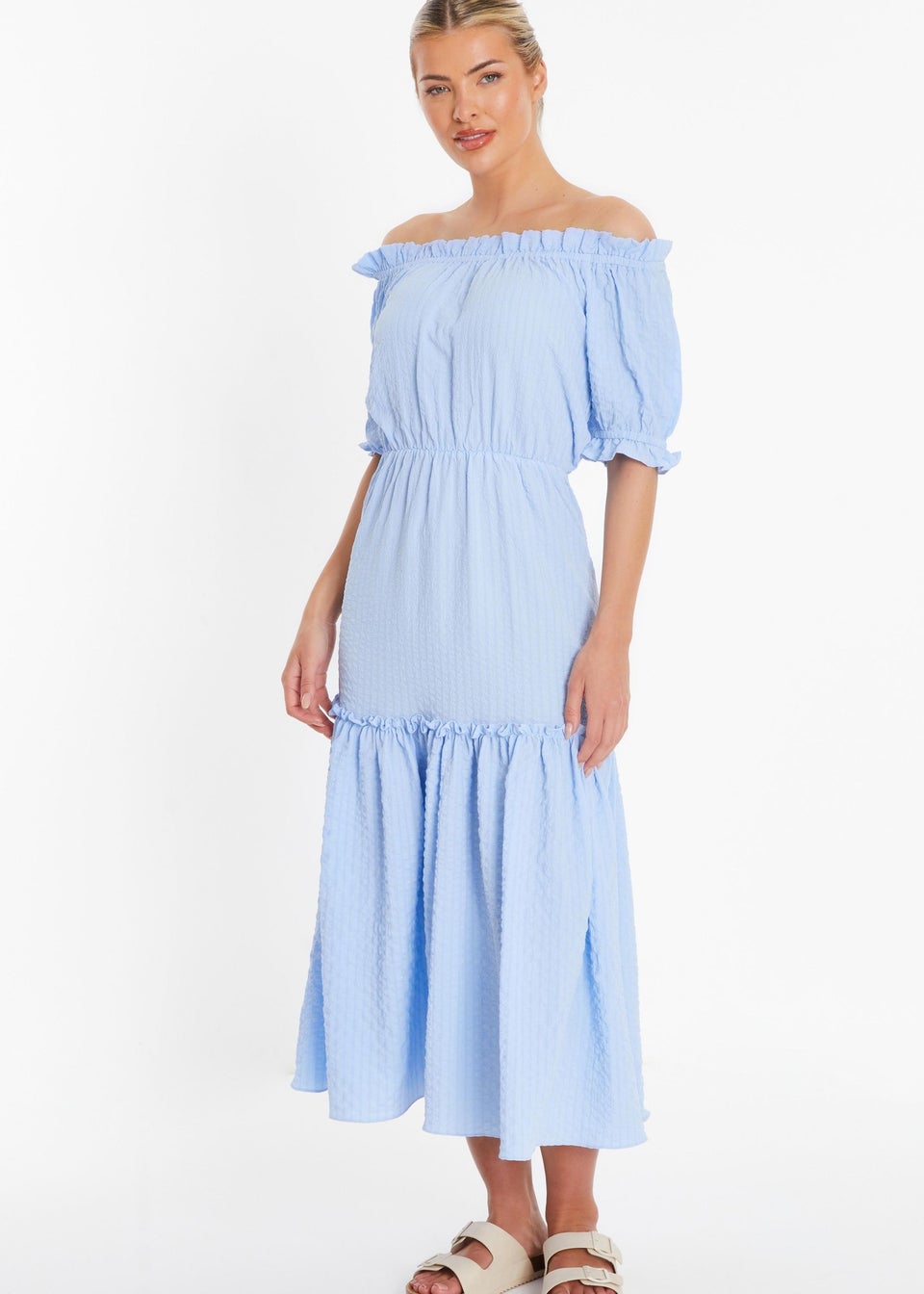 Quiz Blue Textured Bardot Midi Dress