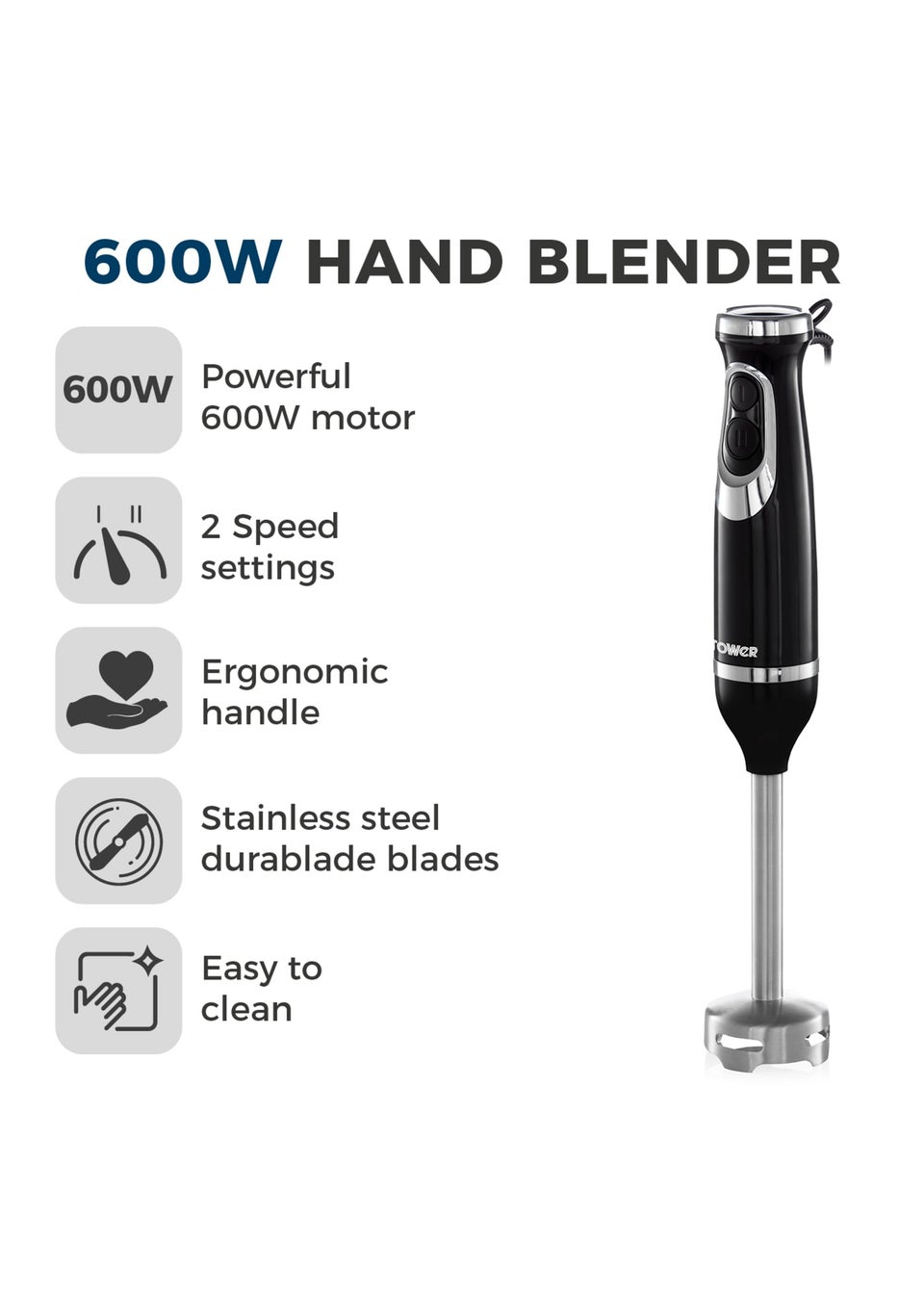 Tower Black 600W Hand Blender
