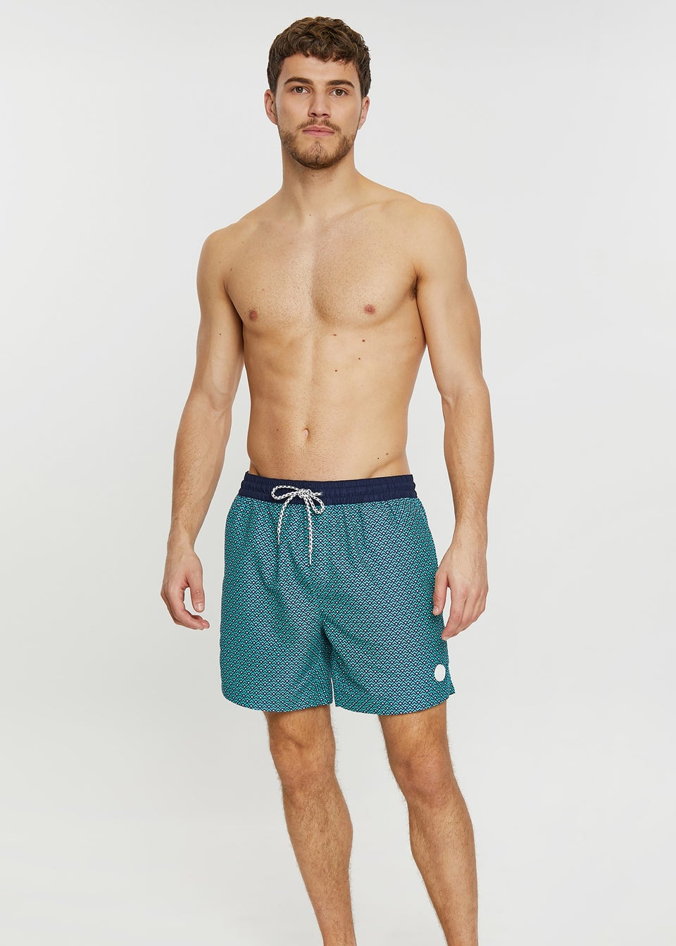 Threadbare Blue Carwood Contrast Geometric Print Swim Shorts